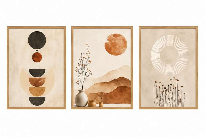 Kit 3 Quadros Boho Abstrato Tons Neutros